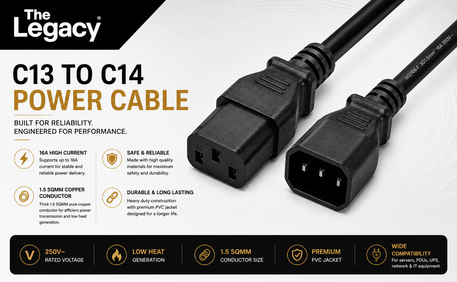 C13 To C14 !6 amps Cable